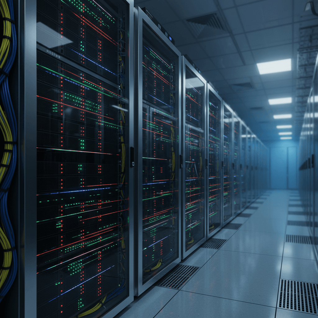 Close-up of server rack with glowing indicator lights